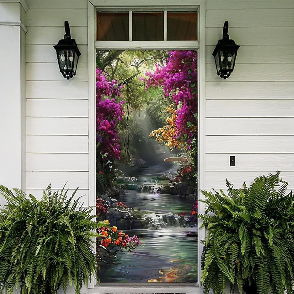 REDAMANCY Purple Pink Flower River Waterfall Forest Nature Landscape Jungle Plants Peel and Stick Stickers Vinyl Door Mural Decals Decor Modern Self-Adhesive, Waterproof, Removable
