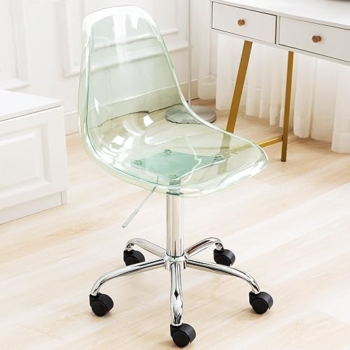 Miniatura 14 de HOMEFUN Silla de escritorio transparente con cojín, sillas rodantes de acrílico sin brazos con pies dorados giratorios, altura ajustable, plástico