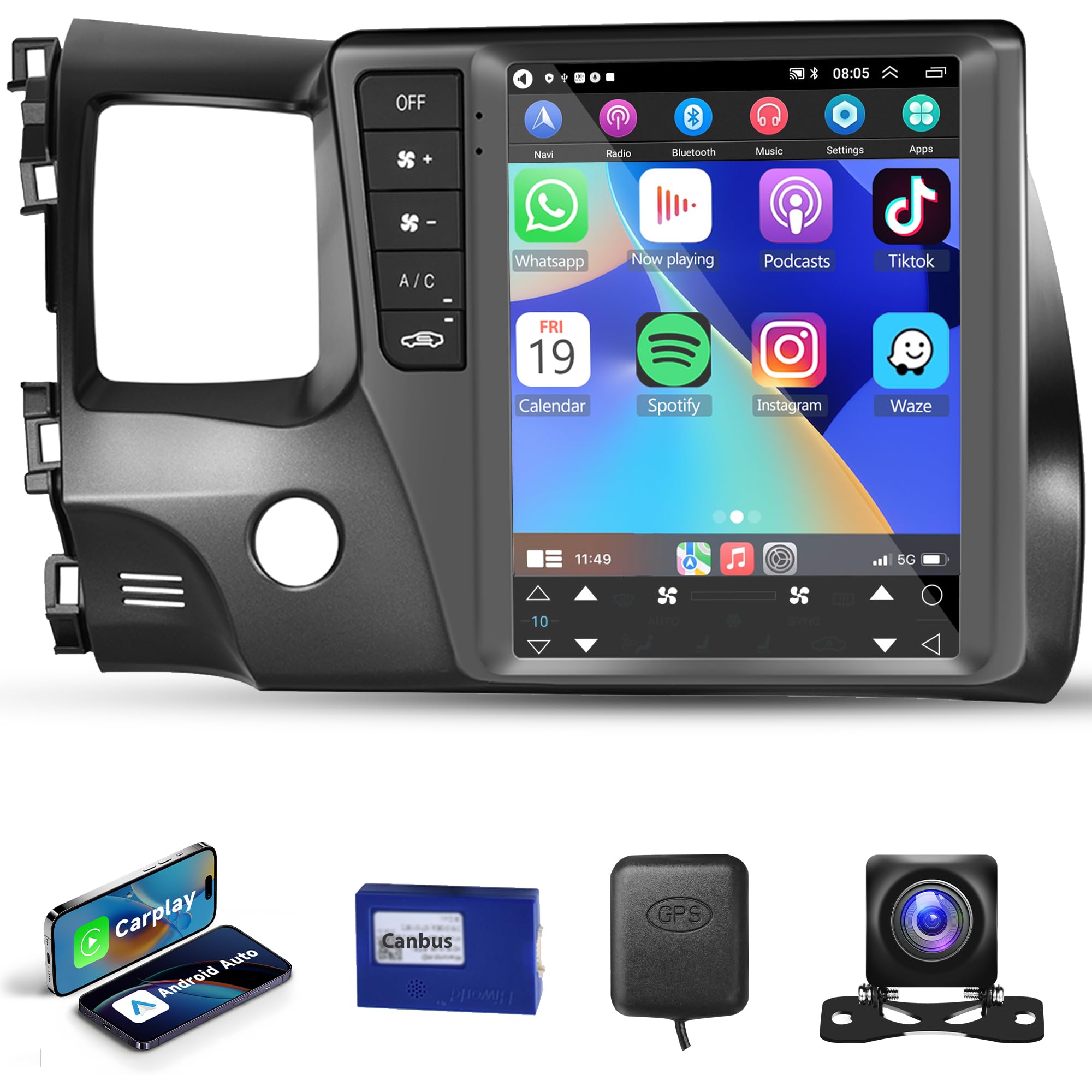 2G+64G 9.7 Inch for Honda Civic 2006-2011 Android Car Stereo Radio Carplay Android Auto, Rimoody Touchscreen GPS Navigation Bluetooth FM HiFi WiFi Mirror Link Backup Camera