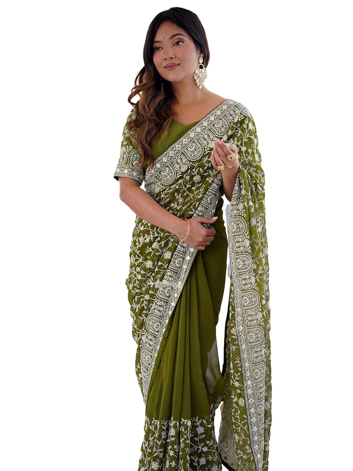 satrani Women'S Georgette Chikankari Sequins Embroidery & Mirror Work Saree With Unstitched Blouse Piece-picture-23