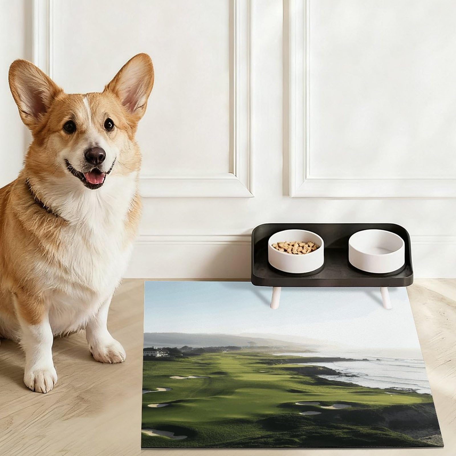 Tapis de nourriture pour chat et terrain de golf en bord de mer – Tapis d'alimentation antidérapant pour chien facile à nettoyer pour la nourriture et l'eau, tapis de gamelle pour chien et chat, 61 x