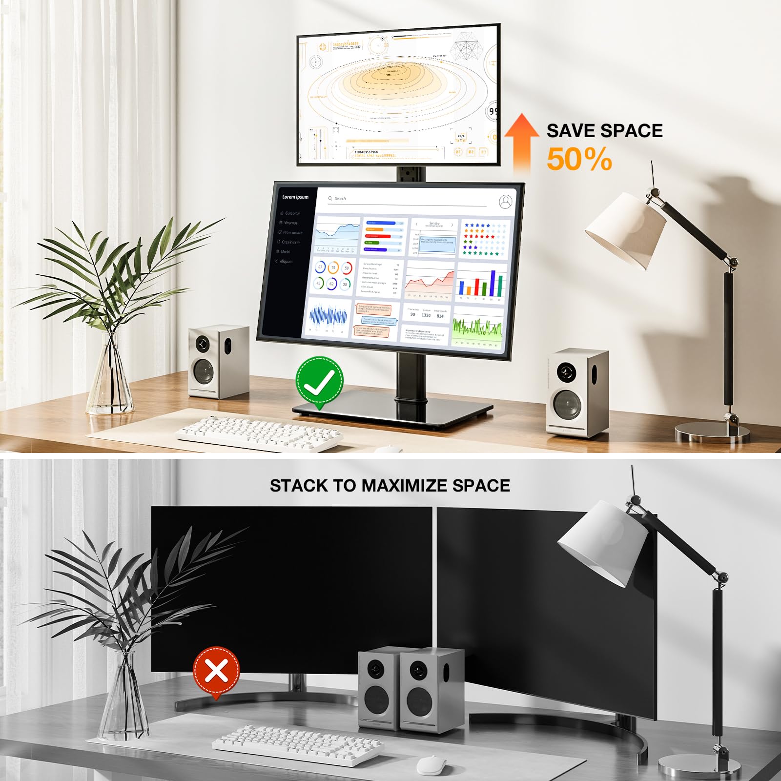 5Rcom Podwójny stojak na monitory 13-38 cali, VESA 75x75/100x100mm, do 20 kg, obrotowy i przechylany