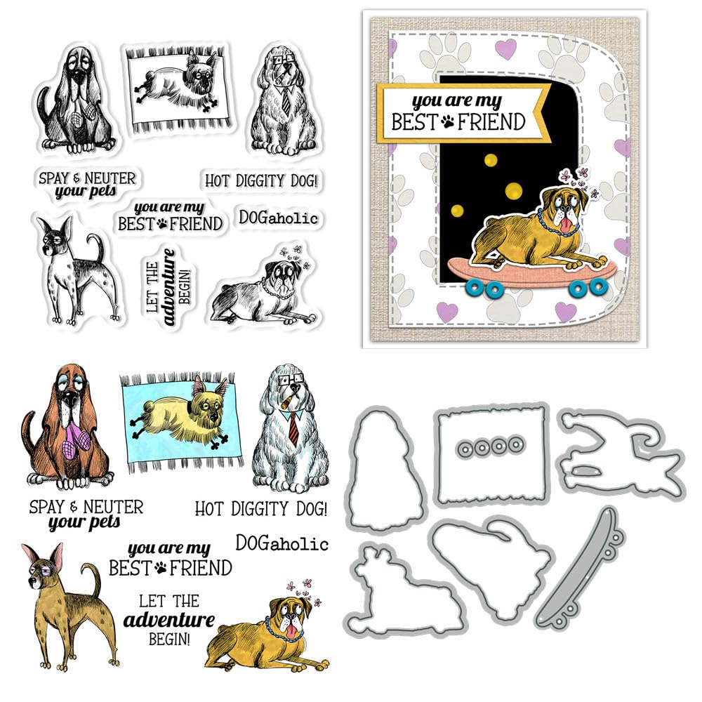Dog Stamps and Die Cuts for Card Making Animal Transparent Silicone Clear Stamp and Metal Cutting Dies Sets for DIY Scrapbooking Paper Crafting Seals Decorative Supplies