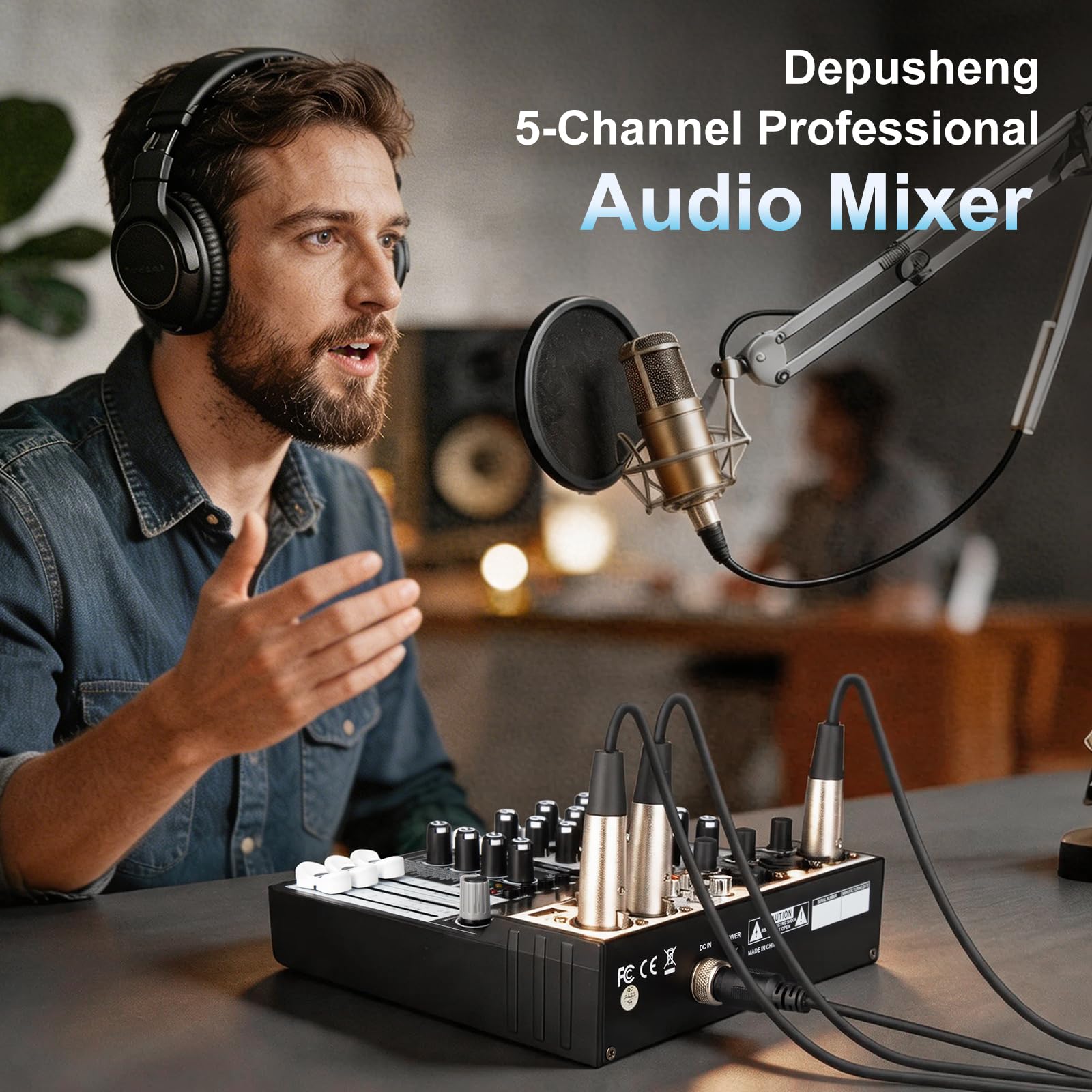 Depusheng Mezclador de audio profesional de 5 canales, sistema de consola de sonido con entrada USB Bluetooth MP3 ordenador, 256 efectos DSP, pantalla LED, potencia fantasma de 48 V para podcast