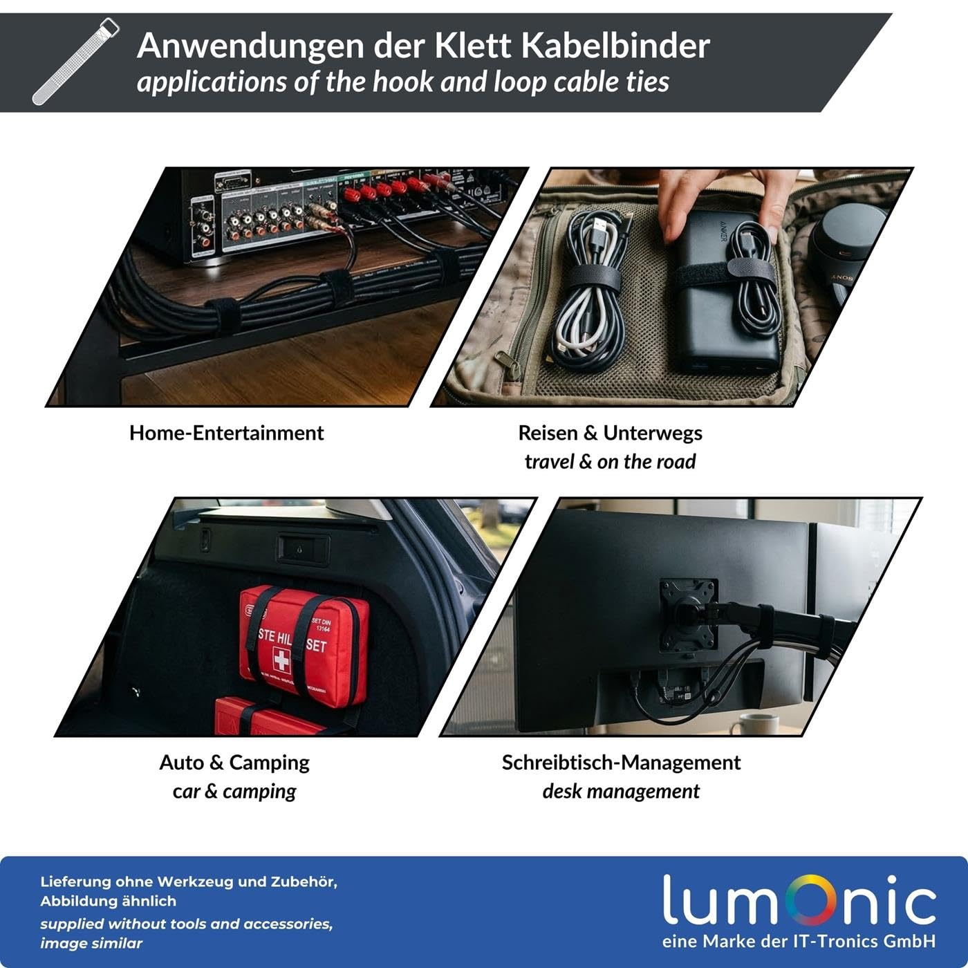 Lumonic 10 Kawalek Opaski kablowe na rzep czarny | 200x20mm | skrzyzowane | Wytrzymale metalowe oczko, rzep kablowy moze byc wielokrotnie uzywany | Proste zarzadzanie i organizacja kabli