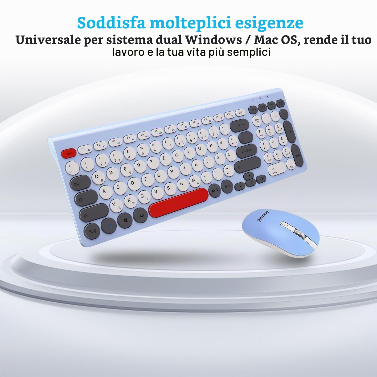 LeadsaiL, Set di mouse per tastiera senza fili, mouse e tastiera ergonomici, tastiera e mouse wireless per PC, layout tedesco QWERTZ, tasti silenziosi per tastiera e mouse, MacOS PC, laptop, colorato