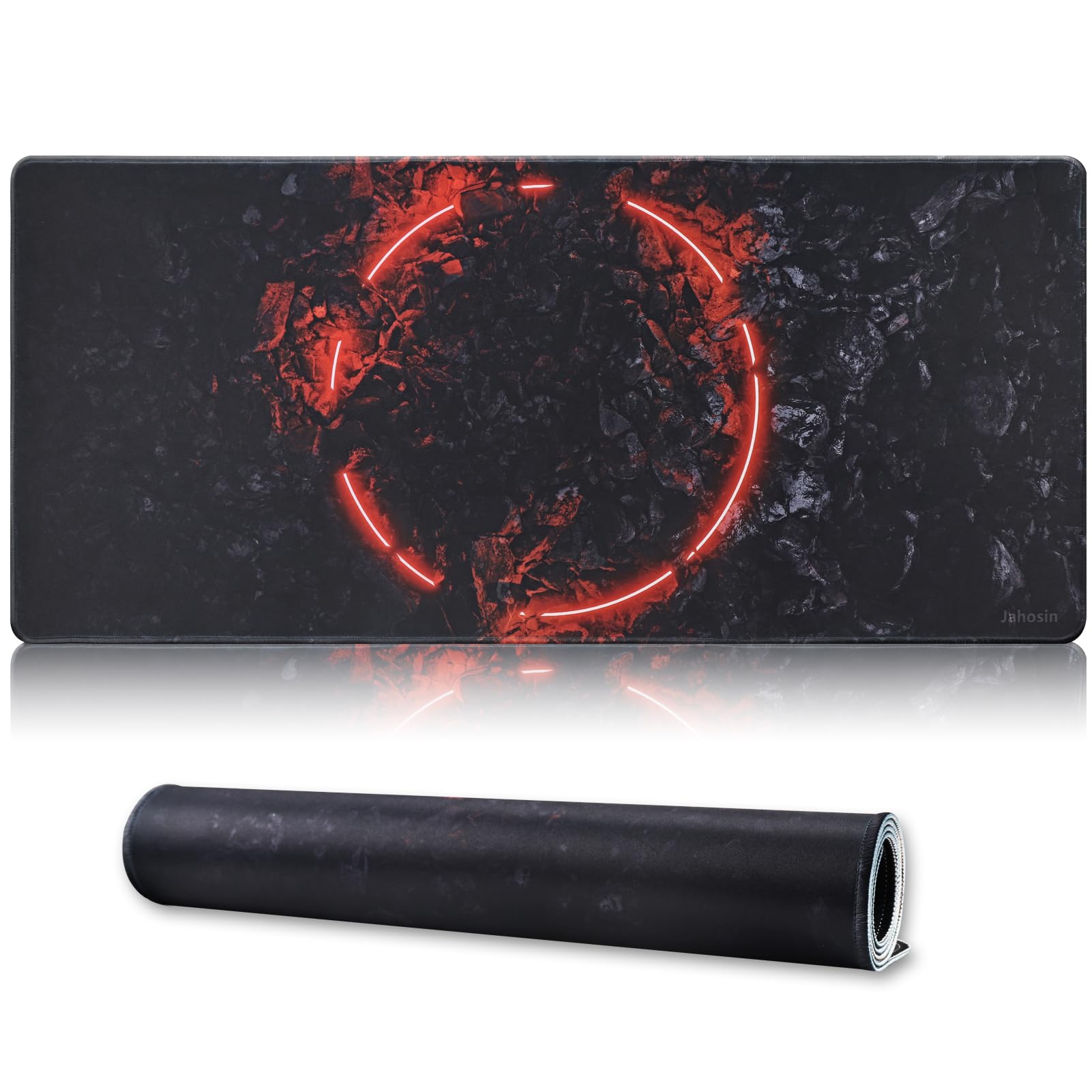 Jahosin Large Gaming Mouse Pad with Stitched Edges,[35.4x15.7In] Extended Mouse Pad with Non-Slip Natural Rubber Base for Gamer/Desktop/Office/Home-90x40 Firering