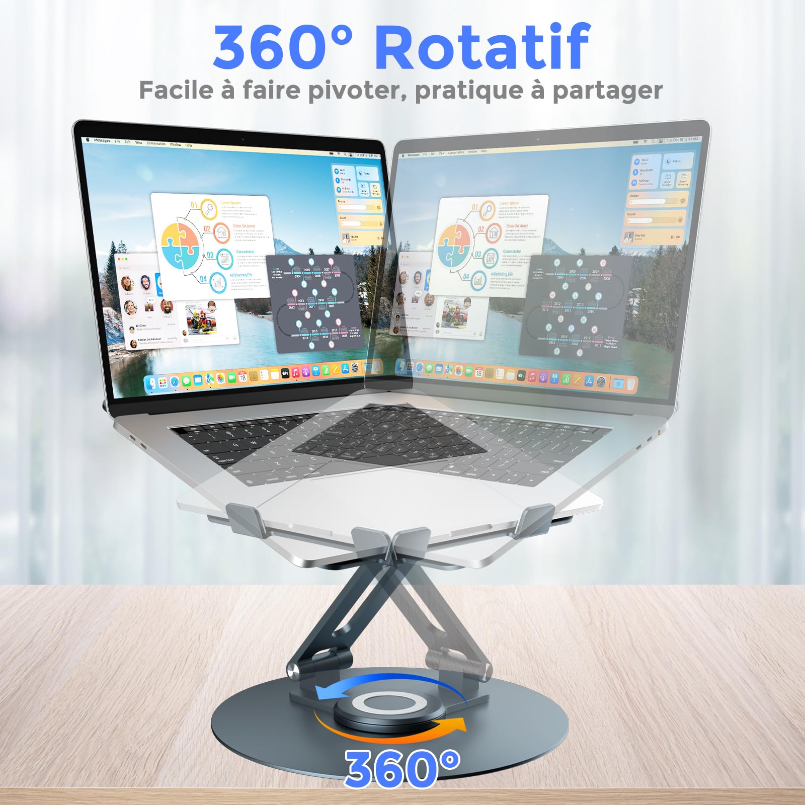 Support Ordinateur Portable avec Base Rotative à 360°, Laptop Stand Pliable en Aluminium Réglable en Hauteur pour le Travail, Rehausseur Ergonomique de PC Portable(10-17") Macbook/Lenovo/HP, Gris