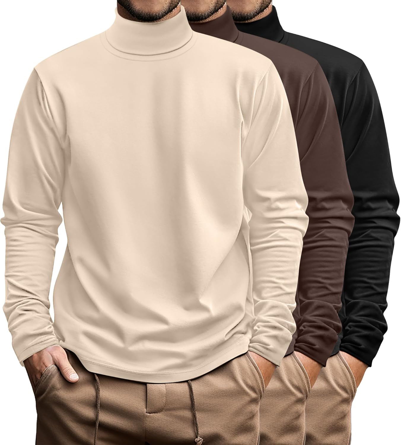 Ficerd 3 Pack Men's Big and Tall Turtleneck Shirts Cotton Long Sleeve Turtle Neck Tops Plus Size Loose Fit Basic Tee