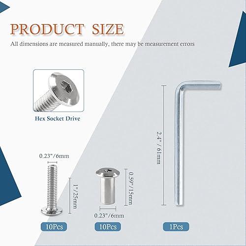 Vista 64 de 10 pares (20 piezas) M6 x 0.630 in Tornillo hexagonal con llave Allen, pernos de conector plateados para muebles, tornillos avellanados M6, tuercas