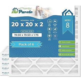 AirPurete 20x20x2 MERV 8, Pack of 6, Pleated Air Filter MPR 700 for HVAC AC Furnace Filters, Actual Size 19.50 x 19.50 x 1.75