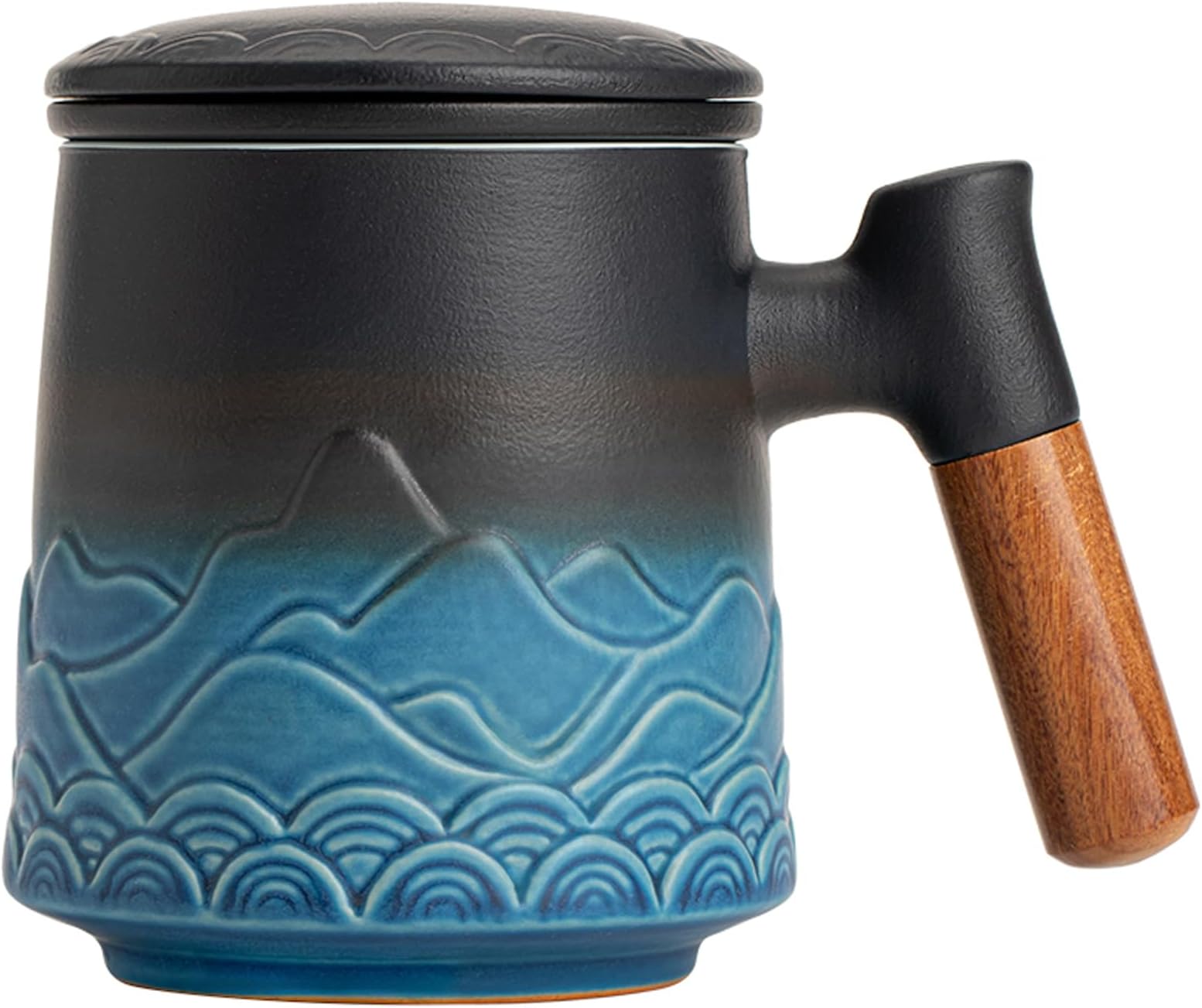 Maxjoy Tea Cup with Infuser and Lid,15.2 OZ Large Loose Leaf Tea Cup,Ceramic Tea Steeping Mug with Rosewood Handle,Black & Blue
