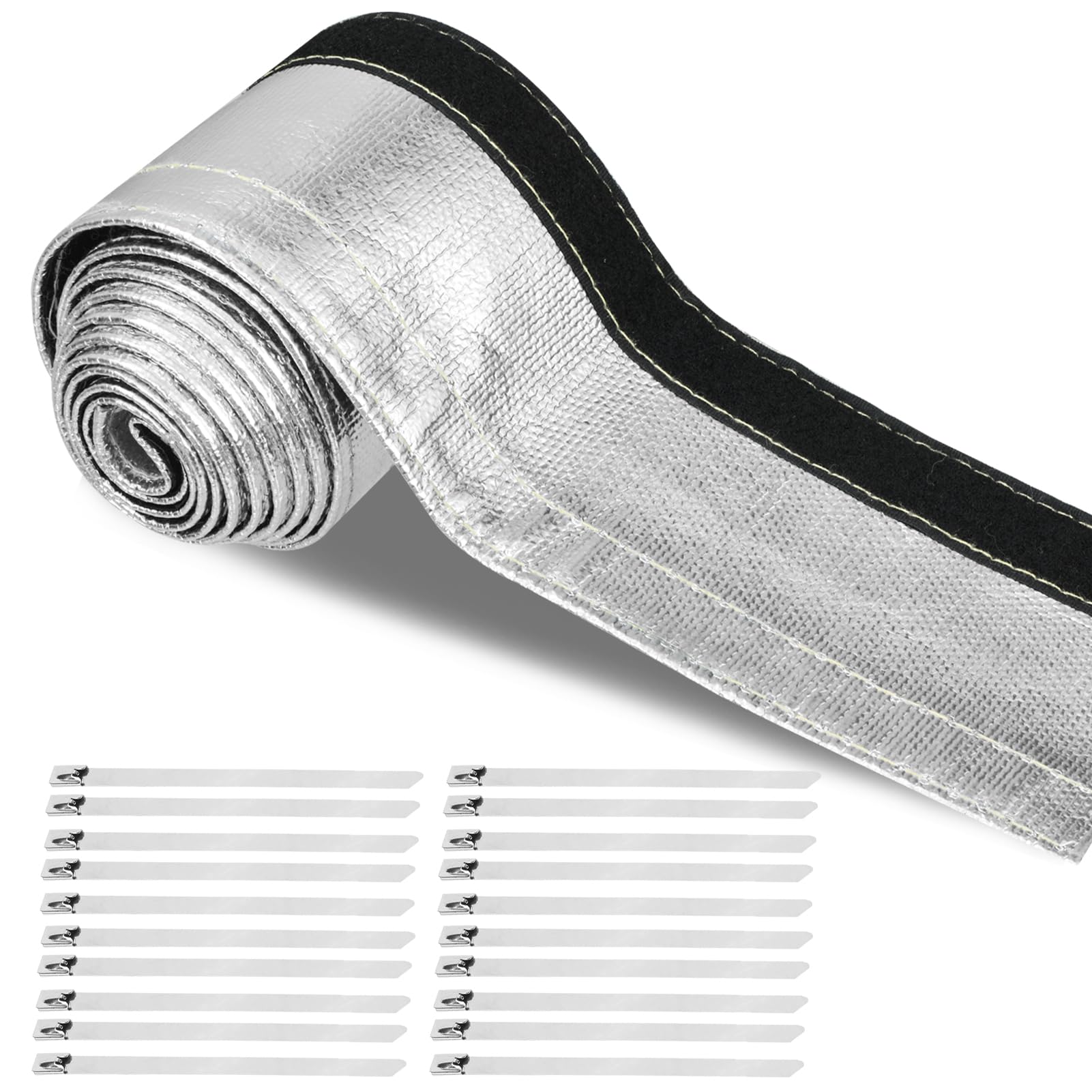 Heat Shroud Sleeve Aluminized Sleeving Express Aluminized Hose and Silver Hose Wire Protection Barrier Hook and Loop Closure 20mm I.D. x 2M with 20 Stainless Steel Ties