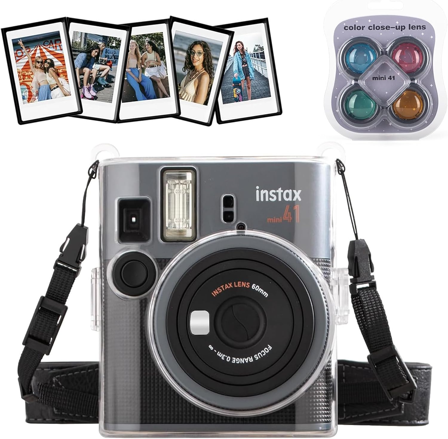 Clear Case and Lens Filter Compatible for Instax Mini 41 Instant Camera with PU Leather Shoulder Strap & 5 Pack Magnetic Photo Frame for 2x3 inch Picture