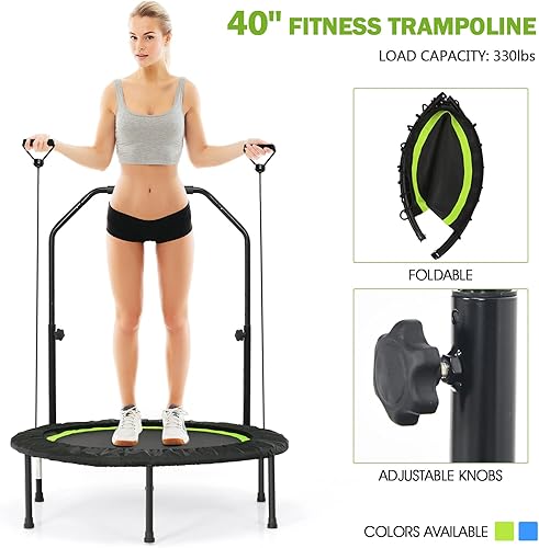 Miniatura 3 de GYMAX Trampolín para niños y adultos, 40 pulgadas, 330 libras, mini trampolín plegable con altura ajustable, bandas de resistencia y mango de