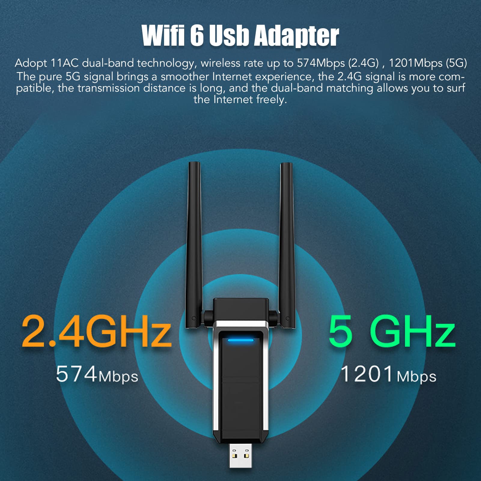 Bezprzewodowy adapter 6, technologia Mu MMo, analogowa funkcja Ap do udostępniania WIFI, technologia dwuzakresowa 11AC, 574 MB/s 2,4 Ghz 1201 MB/s 5 GHz, WIFI 6 USB3.0, Plug and Play for Win