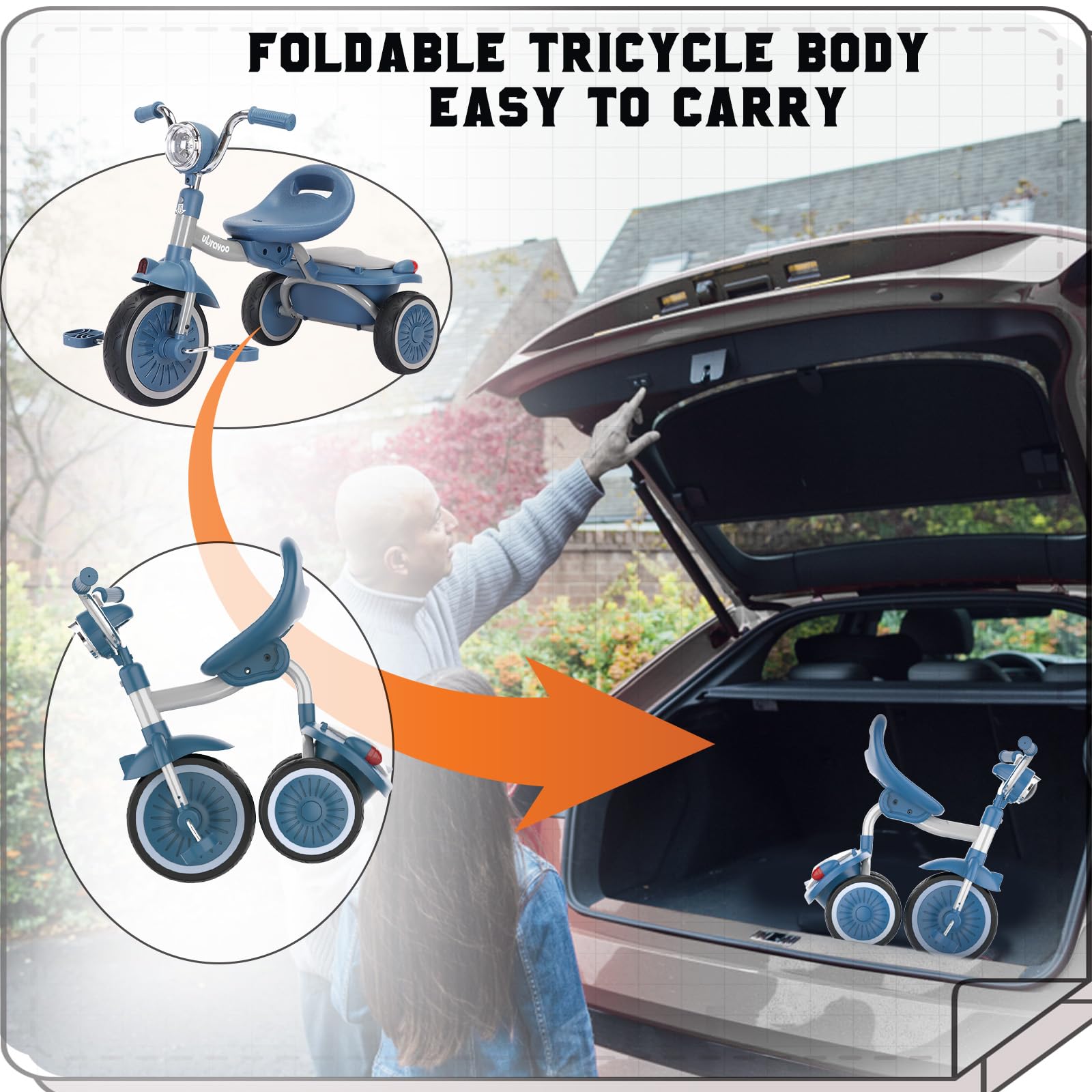 UBRAVOO Triciclo per Bambini, Triciclo Pieghevole con Pedali, Luci Cool, Ruote Durevoli e Seduta Comfort, Primo Triciclo da Passeggio per Bambine e Bambini di 1-5 Anni (Blu)