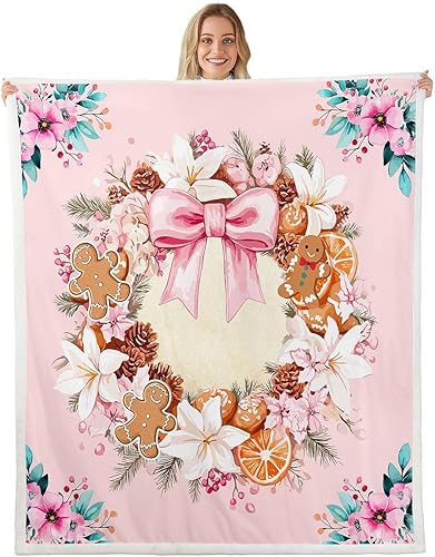 Gingerbread Man Garland Flannel Blanket,Watercolor Christmas Flowers Bedroom Living Room Soft Cozy Fleece,Pink Bowknot Xmas Blankets Decor for Bed