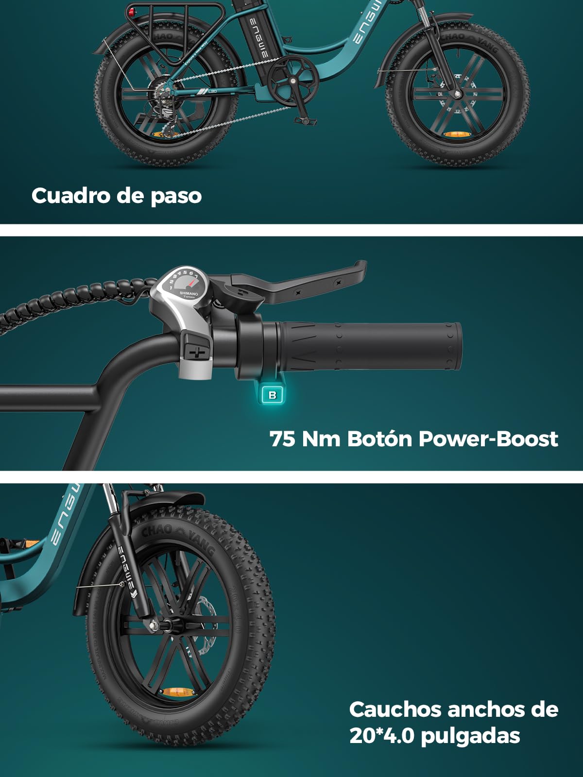 ENGWE L20 Boost Bicicleta Eléctrica para Adultos, 48V 13 Ah Extraíble Batería, Autonomía de hasta 120 km, Neumáticos Anchos de 20 x 4.0, 7 Velocidades