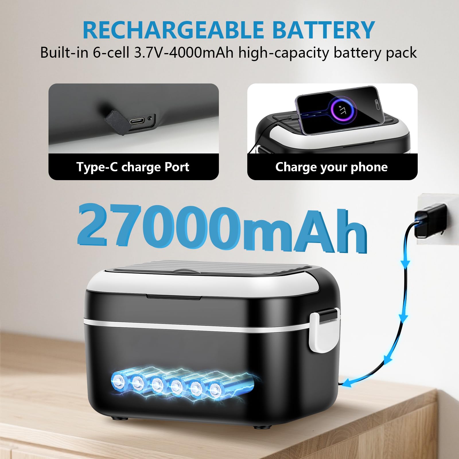 Elettrico Portatile Heated Lunch Box, 27000mAh Scaldavivande a Batteria Ricaricabile, 1.5L Porta Pranzo Riscaldabile con Timer e Regolazione della temperatura, Per Ufficio, Cantiere, Viaggio, Auto