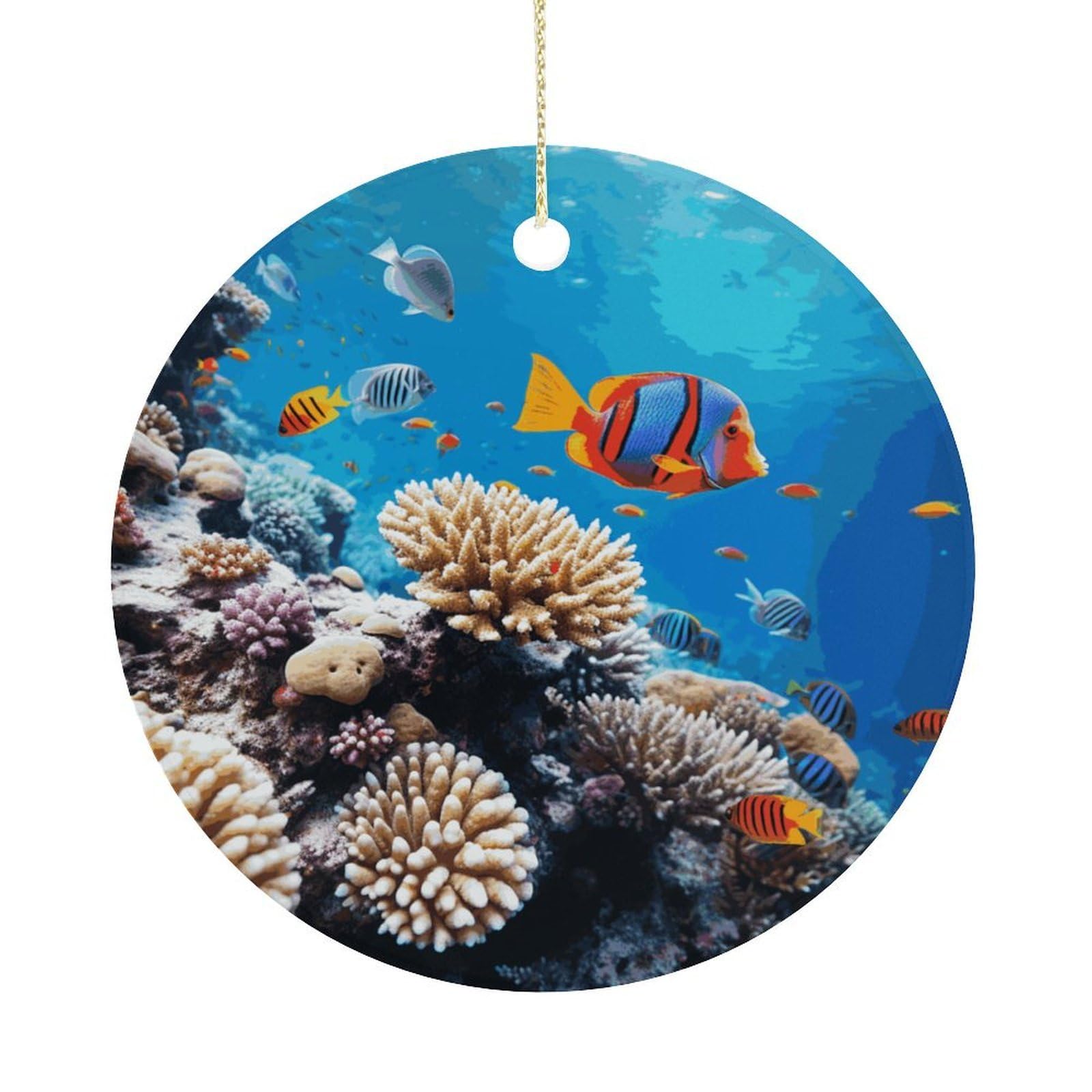 Ocean Tropical Fish Coral Christmas Ornament,Round Ceramic Ornaments Personalized Christmas Tree Ornament for Holiday Porcelain Keepsake Gifts Ideas Home Decor