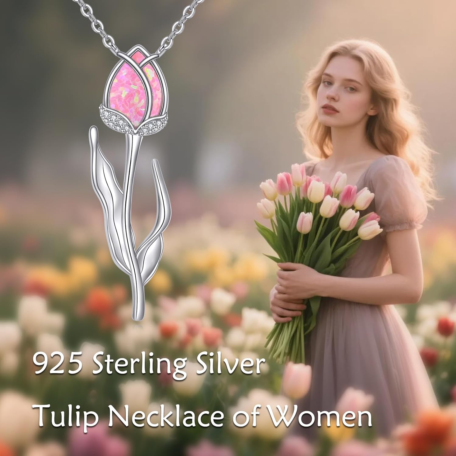 Tulip Necklace 925 Sterling Silver Pink Opal Flower Pendant - Romantic Jewelry Gifts For Women Mom Wife Birthday Mother's Day - Image 6