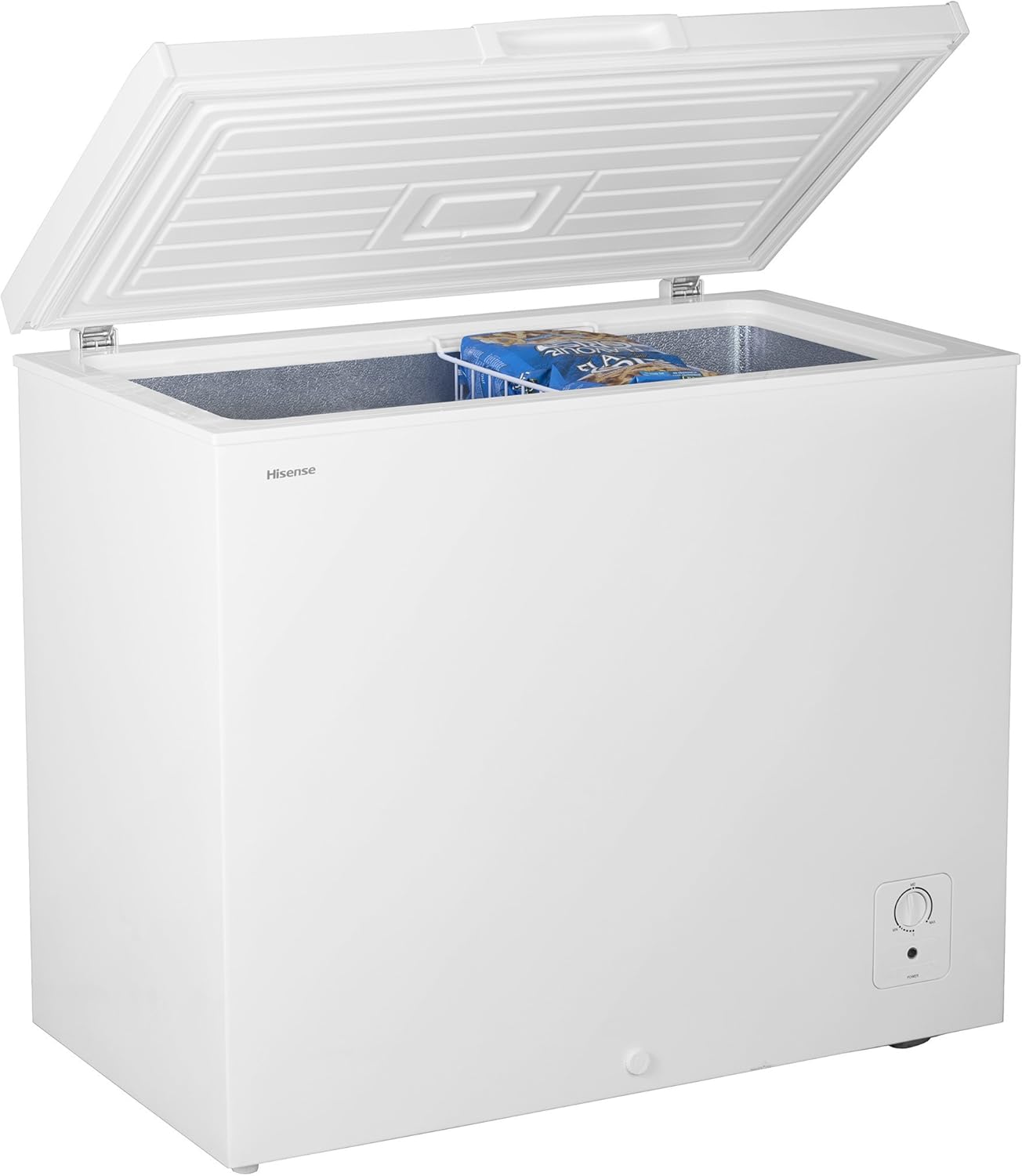 Hisense FC72D7AWD Chest Freezer front view, showing the temperature control dial and power light.