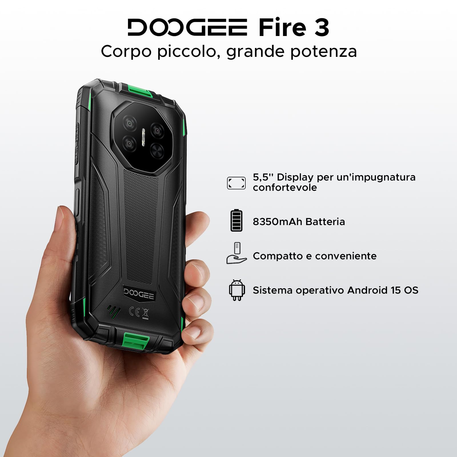 DOOGEE Fire 3 Rugged Smartphone Android 15, UNISOC SC9863A, 5.5" IPS HD+ Display, 8350mAh Telefono Indistruttibile, 12GB+64GB/2TB, 13MP+8MP Telefono Rugged, Widevine L1/Face Unlock/NFC- Verde