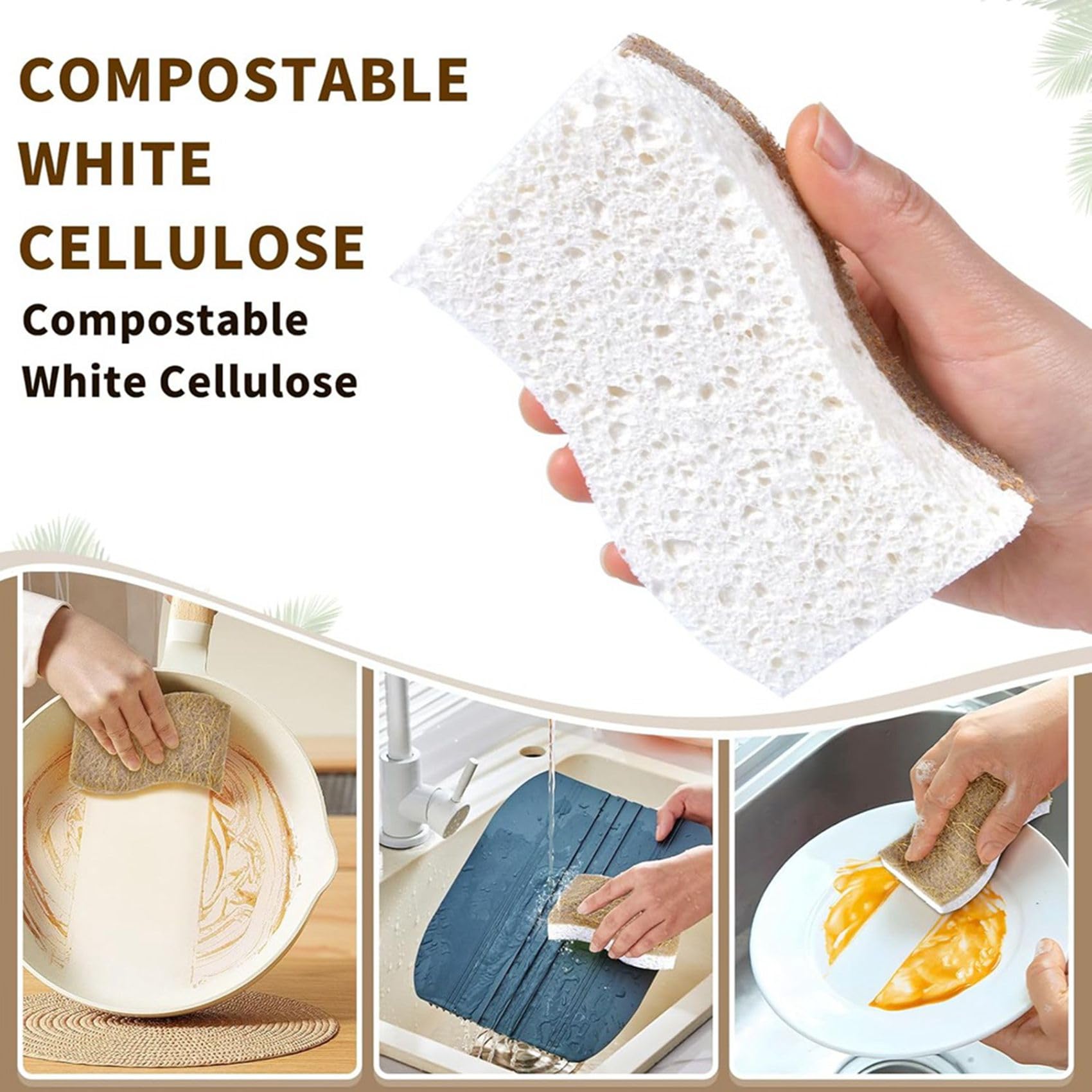 Lot de 45 Éponges de Cuisine Naturelles Biodégradables - Éponges à Récurer Compostables en Cellulose et Noix de