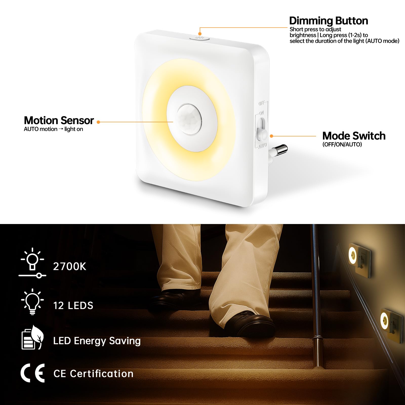 Luce Notturna Bambini da Presa, 2 Pezzi Luci Notturne con Sensore Movimento Modalità Sensore o Sempre Accesa Regolabile, Certificata CE per Interni da Letto, Soggiorno e Bagno (Bianco caldo)