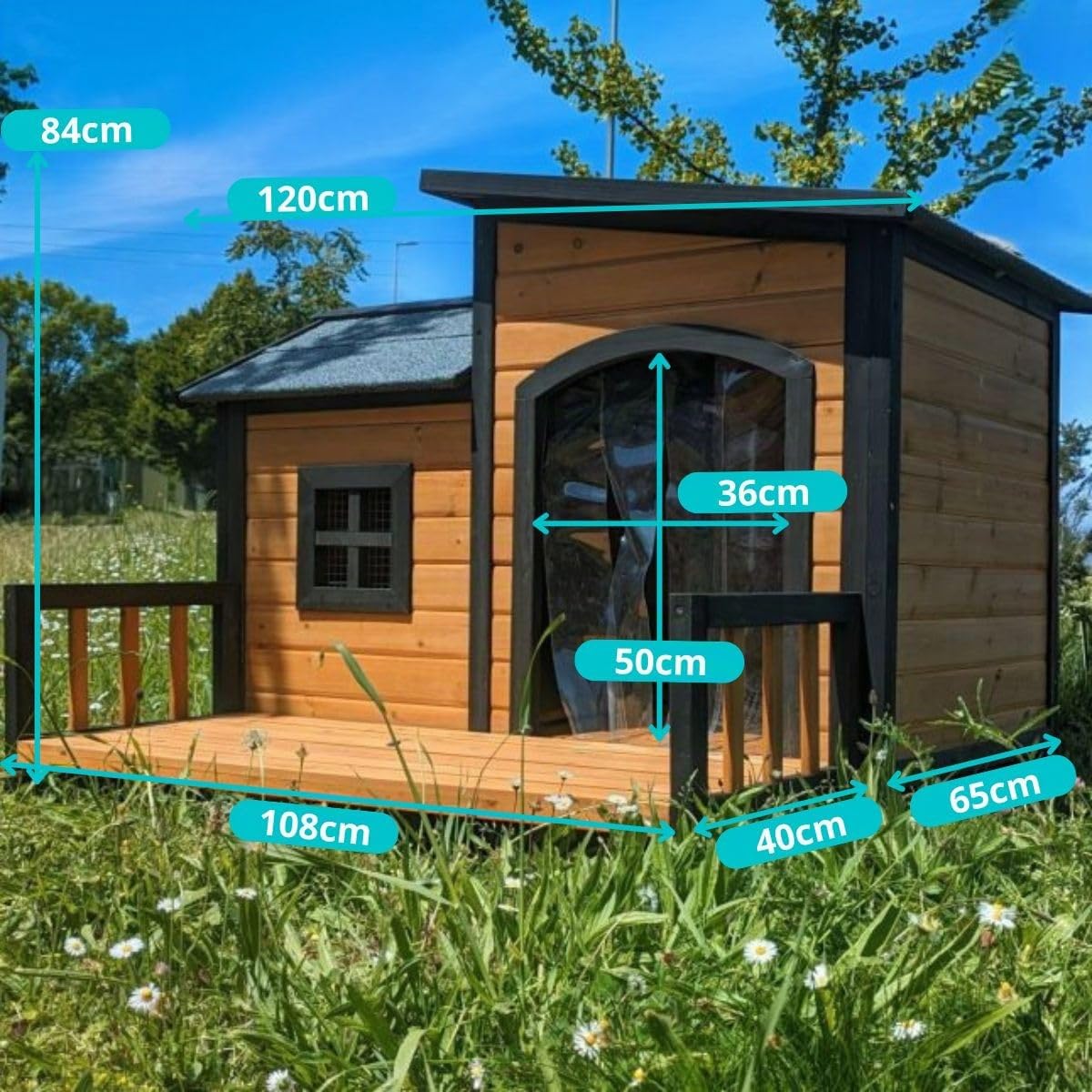 Border Collie Hundehütte mit Schiebedach und Terrasse, Größe L