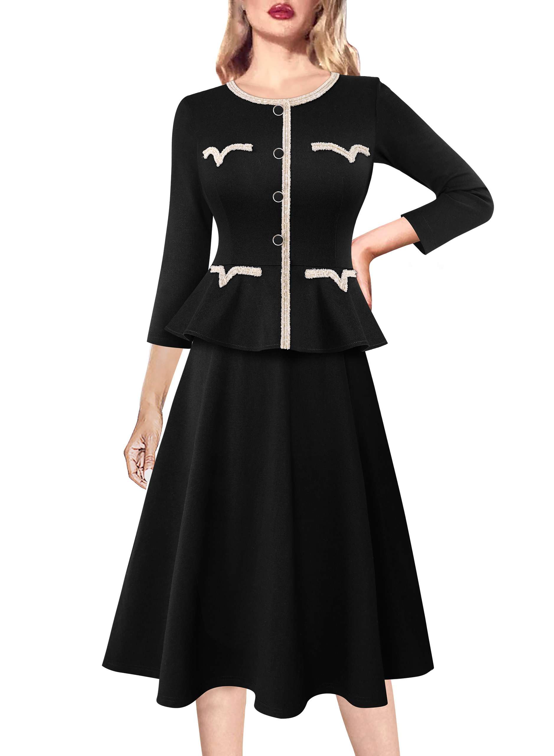 VFSHOW Womens 2024 Fall Work Business Dresses Buttons Peplum Office Slimming Crew Neck Patchwork A-Line Fit and Flare