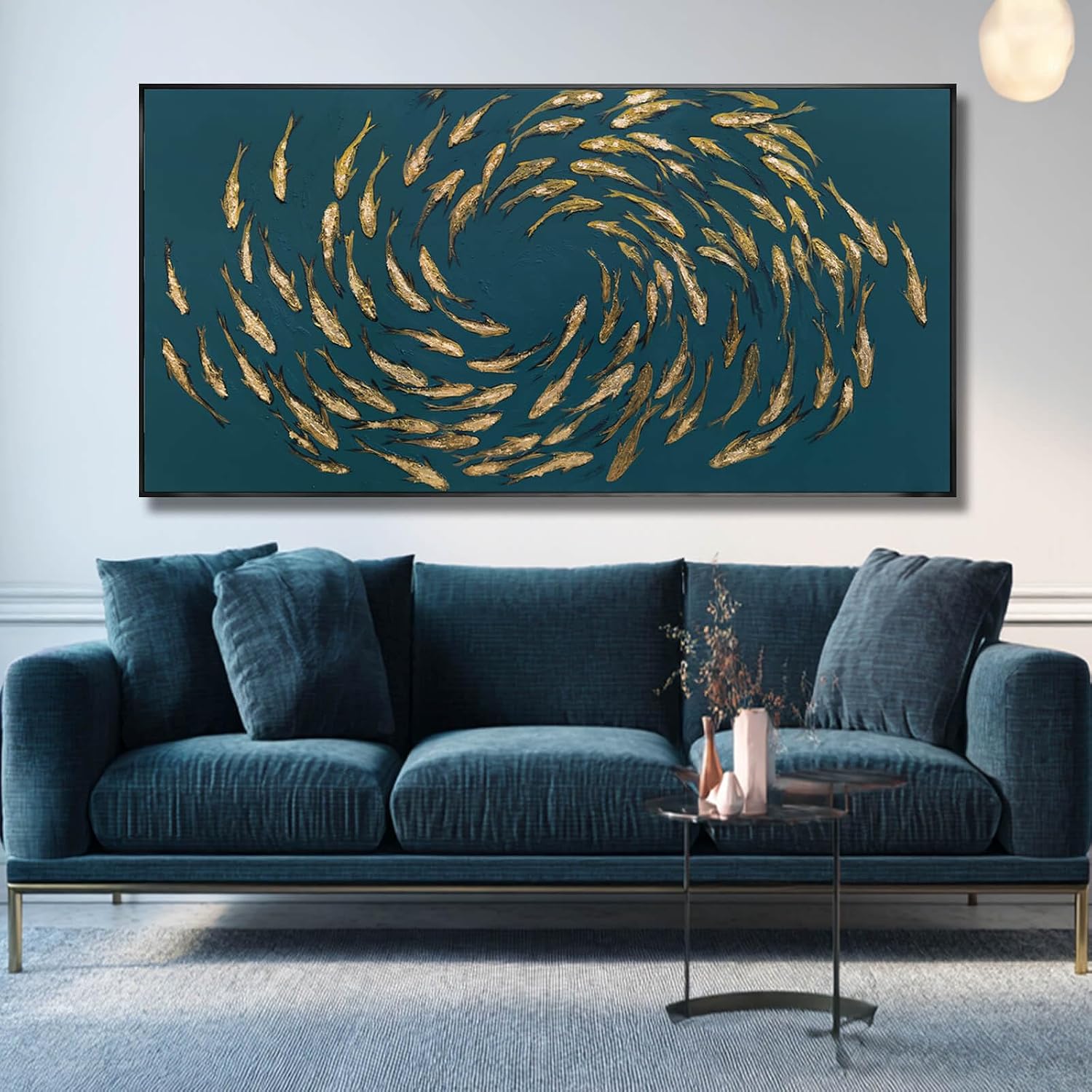 Large Framed Wall Art Fish Gold Artwork Ocean Animal Canvas Print Pictures for Wall Fishes Golden Arts Home Decorations 29"x58" Ready to Hang
