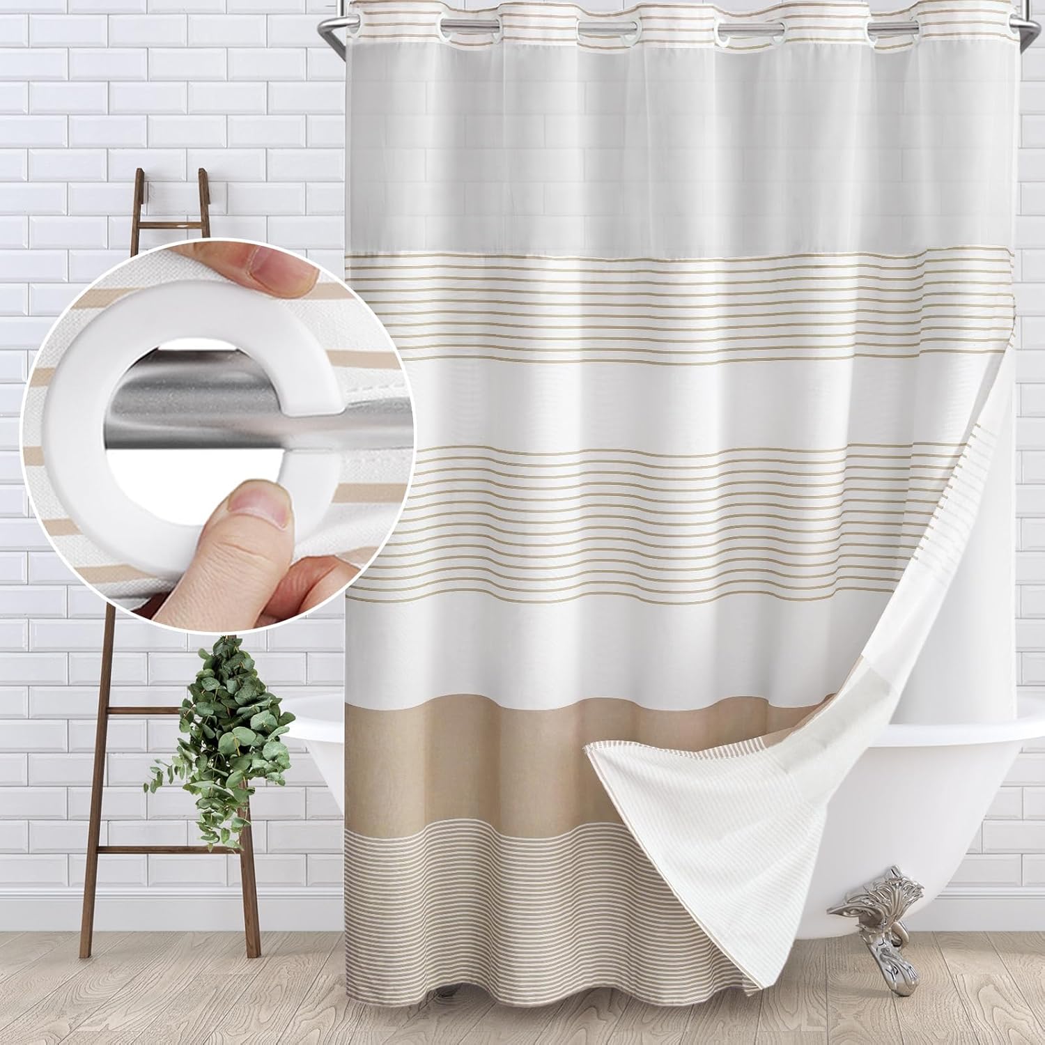 Awellife No Hook Shower Curtain with Snap in Liner Set Cotton and Linen Blend Shower Curtain for Bathroom Boho Beige Striped 81" L x 72" W