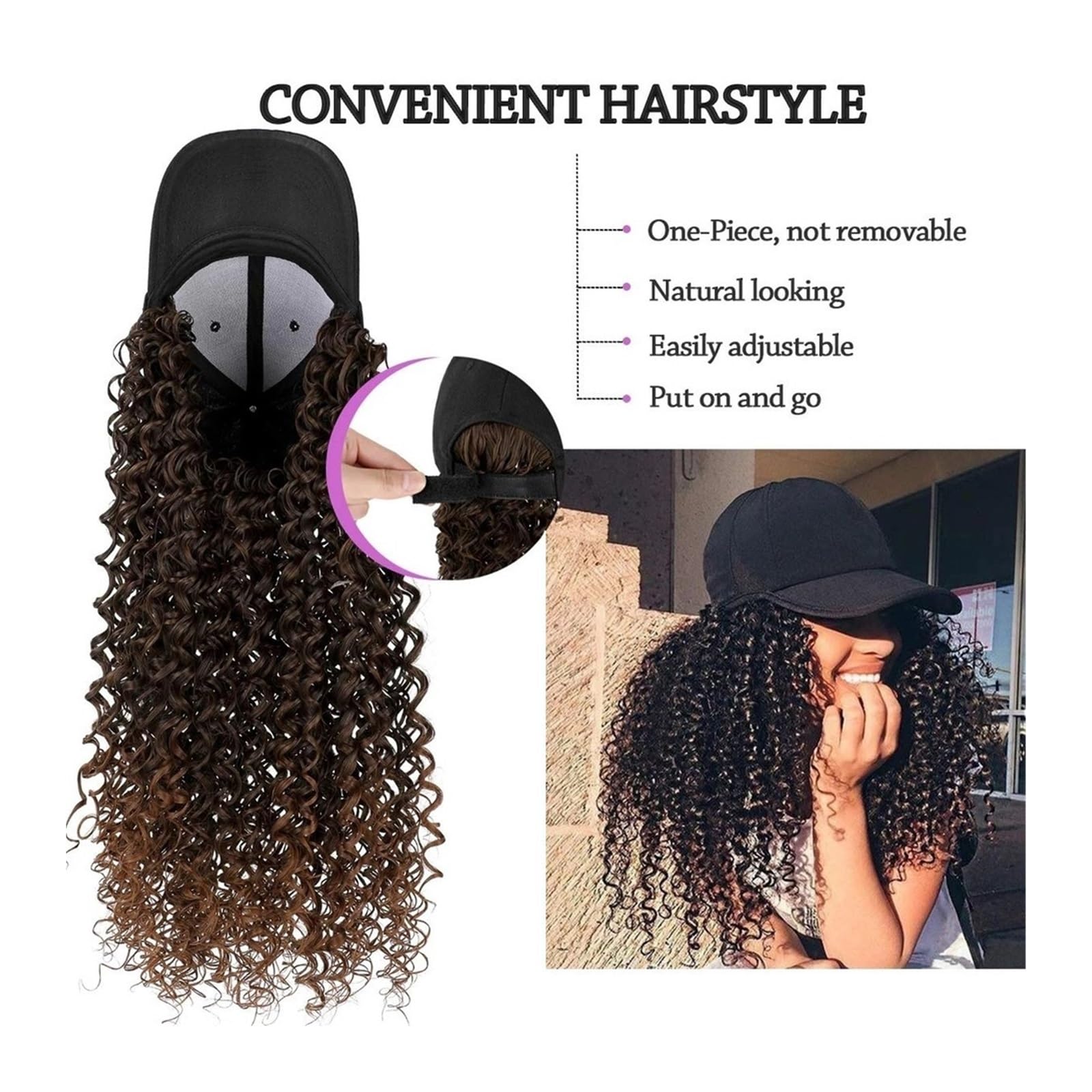 Wig Cap Sombrero de pelo sintético rizado Peluca Pelucas negras largas Conectar con gorra béisbol Sombreros peluca for mujeres(2)