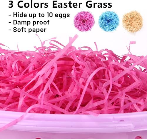 Vista 7 de GameXcel Juego de 6 cestas de huevos de Pascua para niños, cesta de plástico con 3 paquetes de hierba tricolor, 36 piezas de huevos de Pascua
