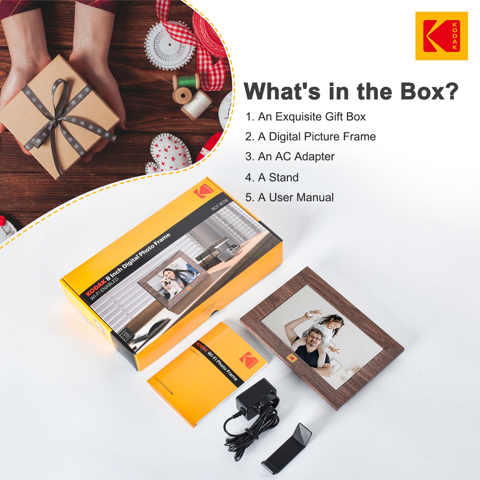 KODAK Marco de fotos digital WiFi de 8 pulgadas, marco de fotos digital de visualización táctil IPS HD de 1280 x 800 con almacenamiento de 32 GB, fácil configuración para compartir fotos o videos al