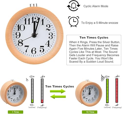 Miniatura 2 de ECVISION Reloj despertador de madera de haya de Snooze de mesa silenciosa redonda pequeña hecha a mano con luz nocturna