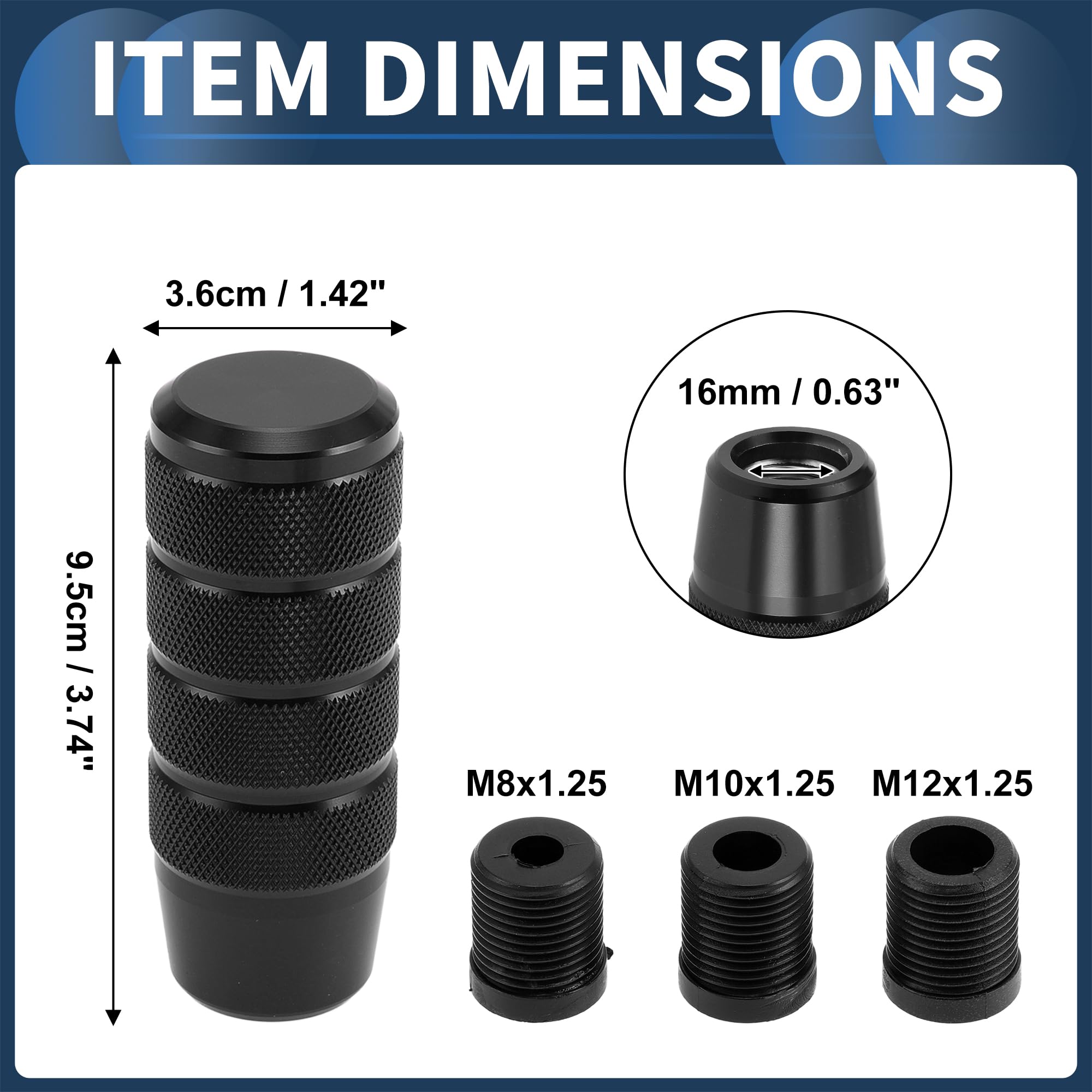 Auto Schaltknauf 1 Set Für Automatik- & Schaltgetriebe | Schwarz, Aluminiumlegierung, 9,5 cm, 3 Adapter: M8x1.25, M10x1.25, M12x1.25, Für Abnehmbaren Schalthebel