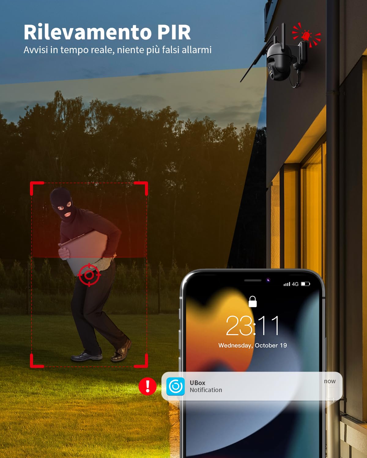 4G Telecamera Esterno con SIM, 2K HD 360° PTZ Telecamere Senza Fili con Pannello Solare Batterie, Visione Notturna Colori, Rilevamento Movimento, Audio Bidirezionale, IP66