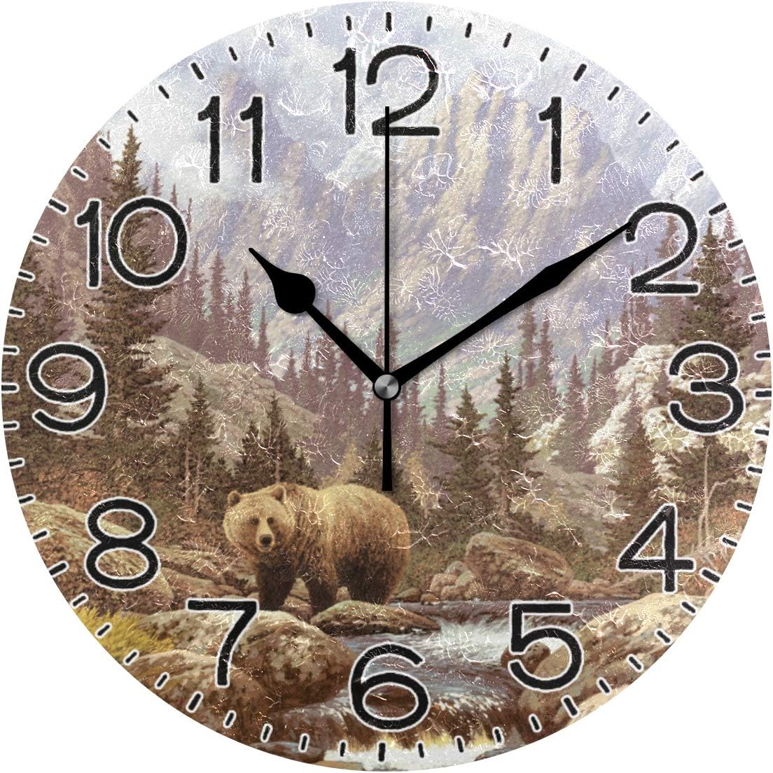 ALAZA Grizzly Bear Wall Clock Battery Operated Non Ticking Silent Quartz Analog Rustic Farmhouse Round Clock Retro Decor for Home Kitchen Living Room Bathroom