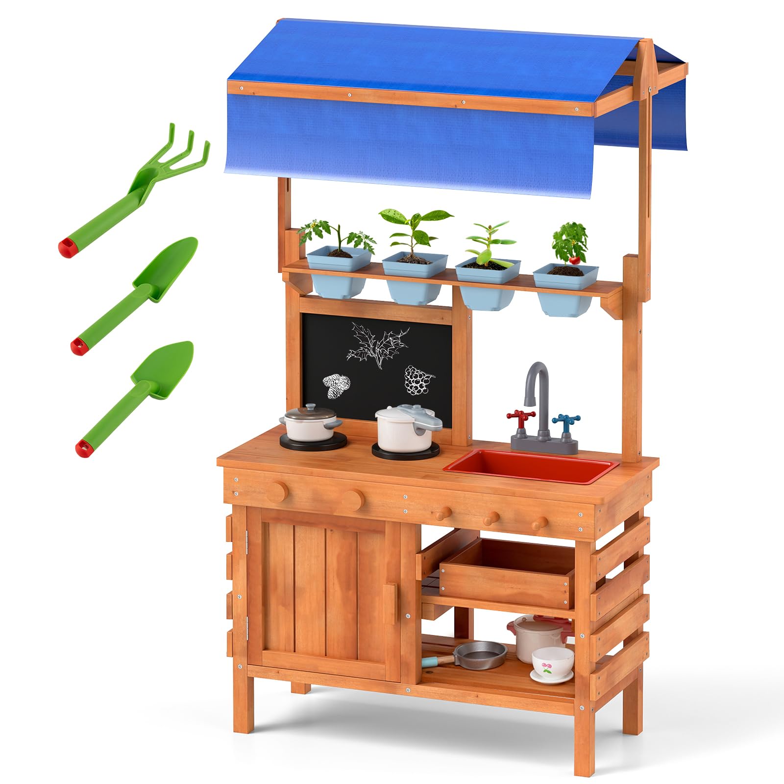 COSTWAY Matschküche Kinder Outdoor, Kinderküche Holz mit Sonnendach & Tafel & Pflanzbechern & Schaufeln, Spielküche mit Herd Spüle Schublade, Gartenküche Outdoor Küche für Kinder ab 3 Jahren