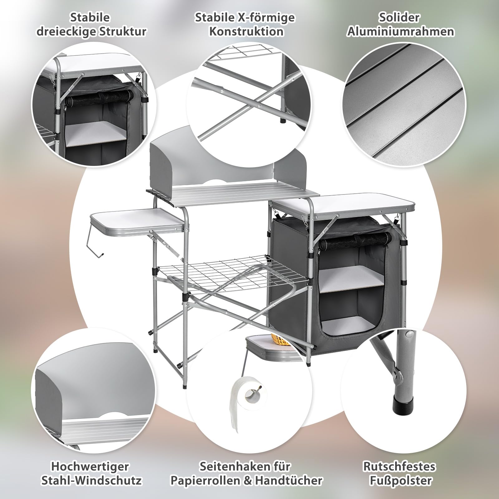 COSTWAY Składana szafka kempingowa, kuchenka kempingowa z osłoną przeciwwietrzną i torbą do przechowywania, przenośna składana szafka kempingowa z aluminiową ramą, kuchnia podróżna na świeżym