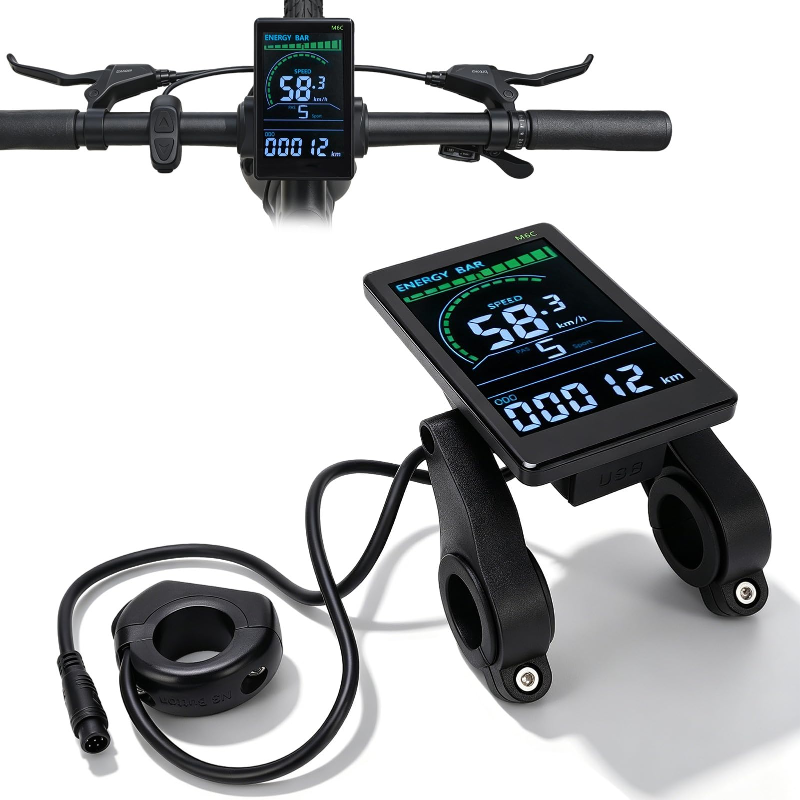 Electric Bike LCD Display Meter, 24V 36V 48V 60V Display Screen Control Panel with 6 Pin Headlight Connector Bike Computer for 22.2mm/0.7in Diameter Handlebars