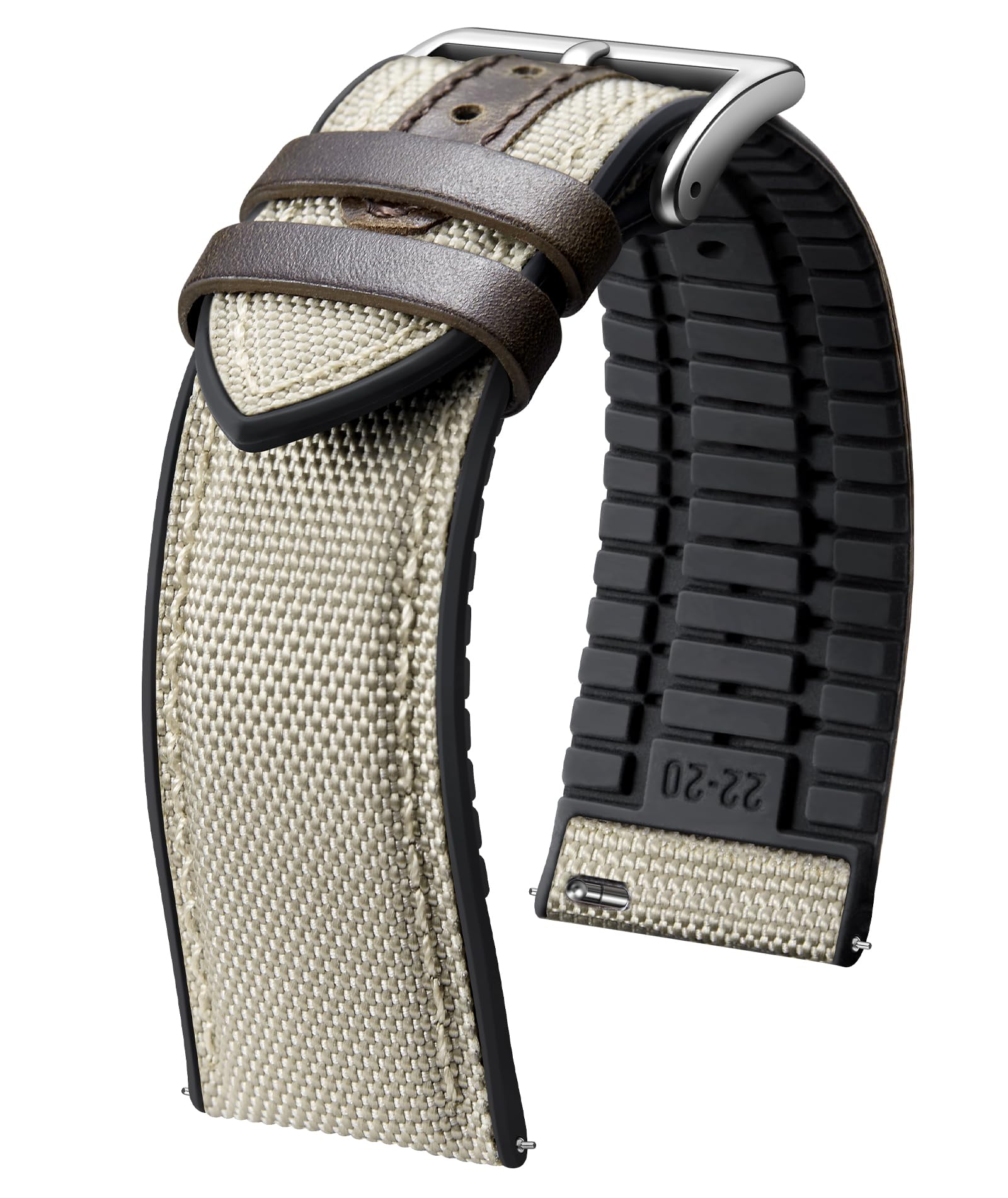 BINLUN Nylon Silicone Watch Bands 18mm 19mm 20mm 21mm 22mm Quick Release Canvas Rubber Hybrid Watch Strap Replacement Watchband for Men Women 9 Colors Silver/Black Buckle(Khaki-Silver,20mm)