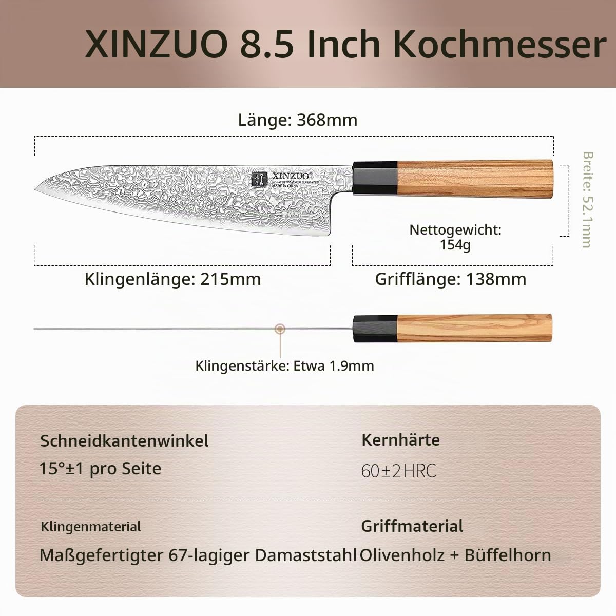 XINZUO 21,5cm Damaststahl Kochmesser, japanischen Stil Chefmesser Profi Küchenmesser, Handgeschmiedet Damastmesser zum Schneiden von Fleisch und Gemüse-Olivenholz und schwarzer Büffelhorngriff
