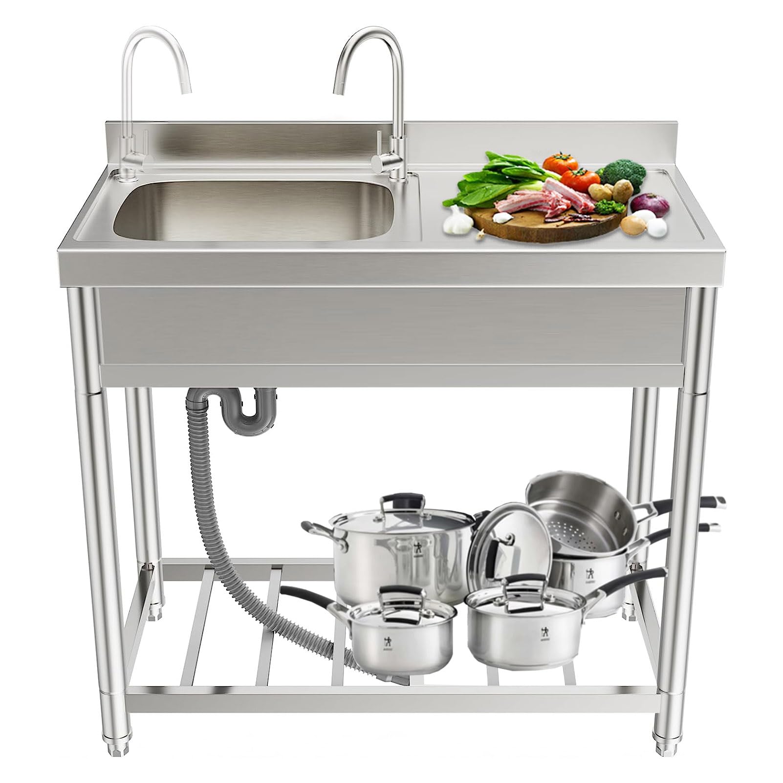 YADZISW Commercial Restaurant Sink, Stainless Steel Outdoor Single Bowl Utility Sink with Tap Workbench for Garage,Restaurant,Laundry Room