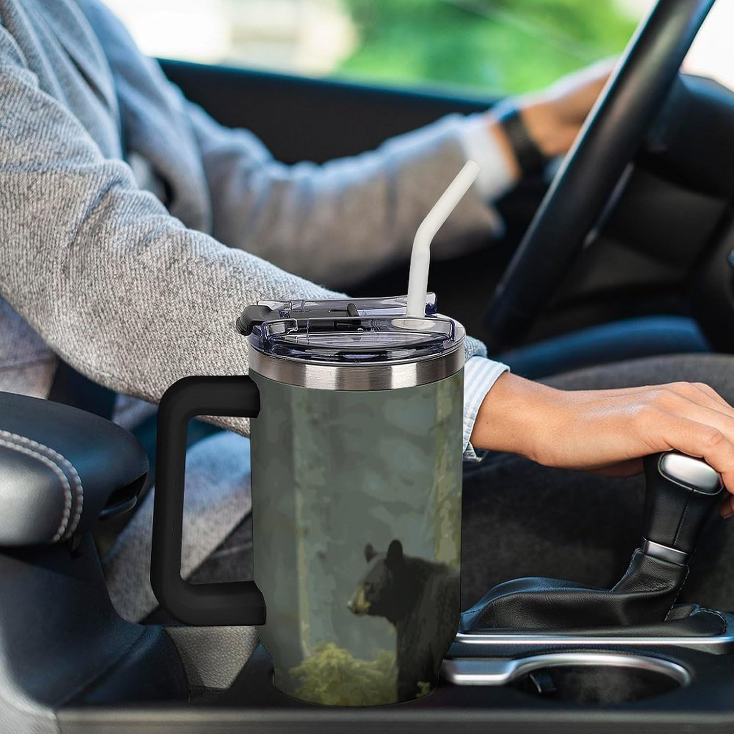 40oz Large Capacity Car Cup Black Bears Tumbler Double Wall Vacuum Insulated Water Bottle Leak-proof Tumbler with Handle And Straw Insulated Cup Travel Mug