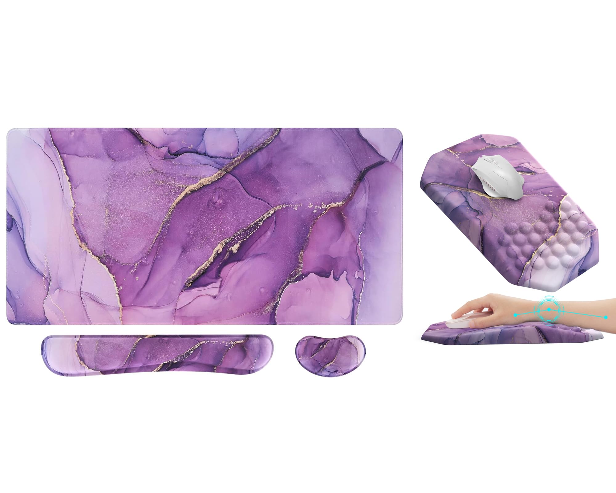 Anyshock Ergonomic Mouse Pad with Wrist Support, Gaming Mousepad with Wrist Rest, Desk Mat 4 in 1Memory Foam, Carpal Tunnel Massage Large Mouse Pad for Desk Set, Purple Marble