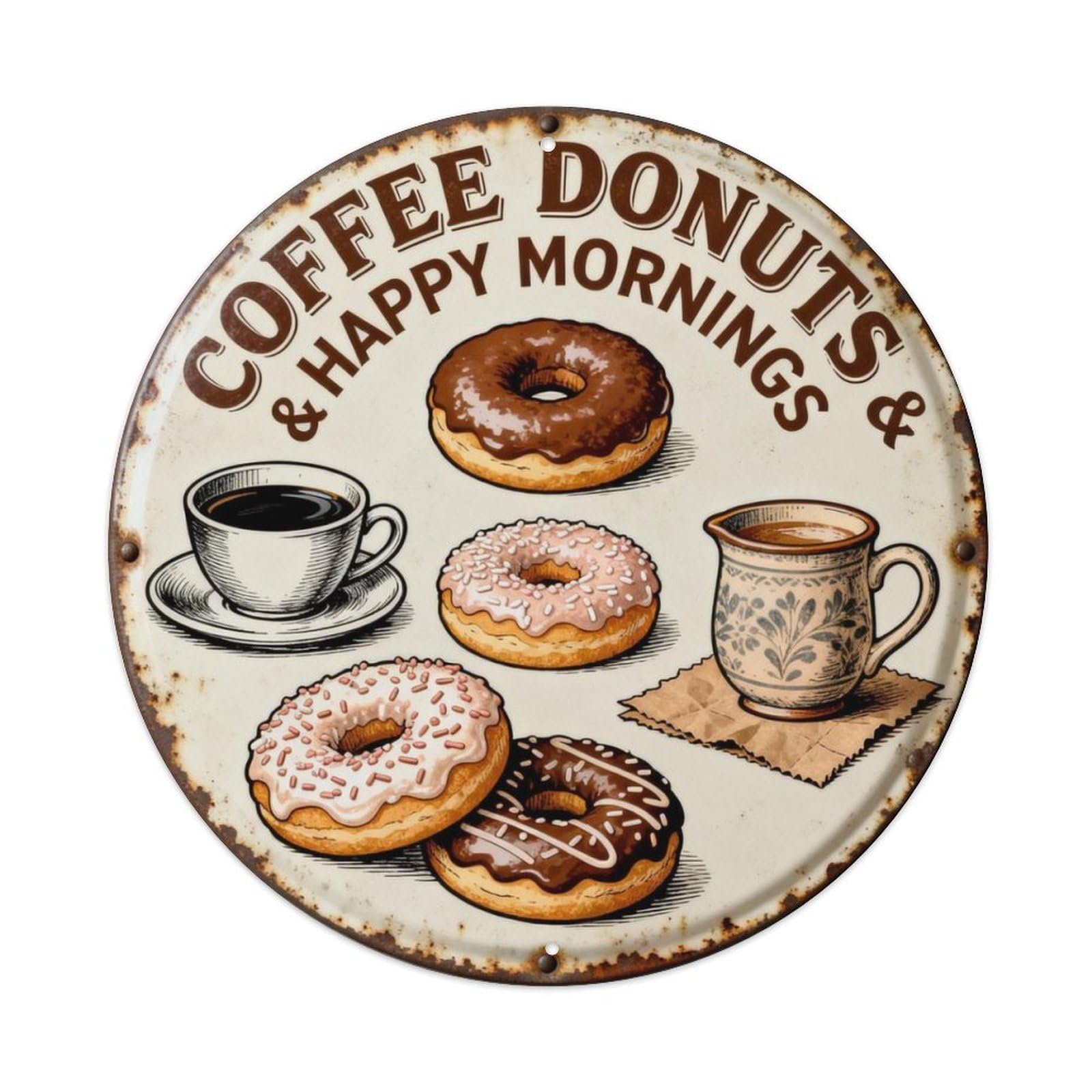 COFFEE DONUTS & HAPPY MORNINGS Metal Tin Sign Plaque